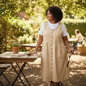 Mainstreet Blues Tan Button Flare Cottage Minimalist Neutral Cotton Dress 24WP